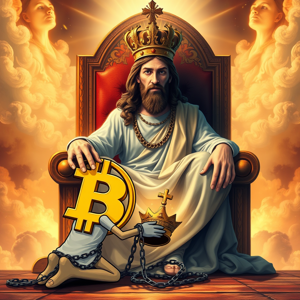 This is an image of a caricature of a Bit coin,bound in chains, on his knees, humbly casting his crown before Jesus, the King of kings.